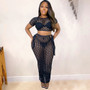 Women Clothes Fashion Casual Mesh Sexy Hollow Out See Through T-Shirt Long Skirt Two-Piece Set