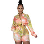 Women Chic Print Long Sleeve Shirt + Shorts Two Piece Set