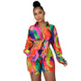 Women Chic Print Long Sleeve Shirt + Shorts Two Piece Set