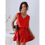 Women Summer Solid V neck sleeveless Slim Waist pleated dress