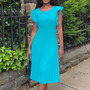 Women Summer Ruffle Sleeve Round Neck Pleated Dress With Belt