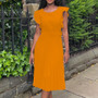 Women Summer Ruffle Sleeve Round Neck Pleated Dress With Belt