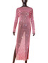 Women's Side Slit Party Night Round Neck Long Sleeve Sparkly Beaded Maxi Dress