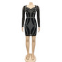 Fashion Nightclub Beaded Mesh See-Through Long Sleeve Bodycon Midi Dress