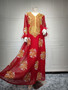 Muslim Summer Dubai Embroidered Fur Trim Gold Lace Dress Long Dress