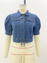 Fashion Button Up Short Sleeve Half Puff Sleeve Women Denim Jacket