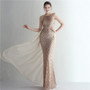 Positioning flower sequins evening dress craft beading Halter Neck style Chic glamorous lady Formal Party long gown