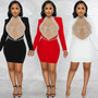 Fashion Sexy Nightclub Beaded Mesh See-Through Bubble Beads Low Back Long Sleeve Mid Skirt Dress Women