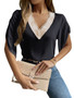 Spring Summer v-neck lace solid color top Chic short-sleeved chiffon shirt