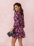 Spring Fashion Flower Print V-Neck Ruffle Long-Sleeved Dress