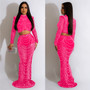 Women's Fashion Solid Color Mesh Beaded Long Sleeve Crop Top Long Skirt Two-Piece Set