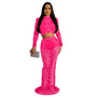 Women's Fashion Solid Color Mesh Beaded Long Sleeve Crop Top Long Skirt Two-Piece Set