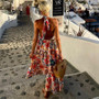 Summer Fashion Deep V Halter Neck Low Back Sleeveless Print Holidays Beach Dress