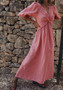 Spring Solid Chic High Waisted Slim Fit V-Neck Puff Sleeve Maxi Dress