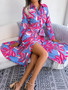 Women Color Block Floral Turndown Collar Tie Shirt Maxi Dress