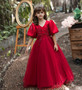 Puff sleeve children's wedding dress princess dress v-neck little girl catwalk mesh performance dress