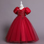 Puff sleeve children's wedding dress princess dress v-neck little girl catwalk mesh performance dress