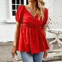 Women Solid Color Summer V Neck Short Sleeve Top