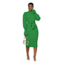 Women'S Solid Turtleneck Knitting Belted Long Sleeve Midi sweater Dress