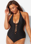 Women's Solid Color Halter Neck Lace-Up One Piece Plus Size Swimwear