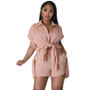 Women Summer Solid Short Sleeve Shirt and Shorts Two-Piece Set