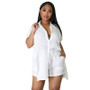 Women Summer Solid Short Sleeve Shirt and Shorts Two-Piece Set