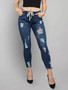 Women's Elastic Waist Ripped Denim Pants Women's Mid Rise Tie Slim Fit Stretch Tight Jeans