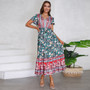 Women's Summer V-Neck Ruffle Sleeve Floral Print Long Dress