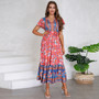 Women's Summer V-Neck Ruffle Sleeve Floral Print Long Dress