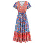 Women's Summer V-Neck Ruffle Sleeve Floral Print Long Dress