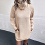 Women Solid Color Turtleneck Knitting Dress Autumn Winter Pocket Turndown Collar Sweater Dress