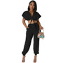 Ruffle Sleeve Crop Short turndown collar Shirt High Waist Casual Fashion pants Women's Two-piece Set