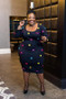 Women'S Plus Size Long Sleeve Button Decorated U-Neck Solid Color Midi Dress