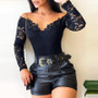 Elegant Women'S Black Off Shoulder Long Sleeve Lace Bodysuit