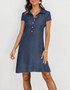 Women Turndown Collar Short Sleeve Button Up Slit Pocket Plus Size Casual Denim Dress