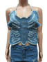 Women's Summer Denim Beaded Butterfly Lace-Up Tank Top Shorts Irregular Two Piece Set