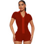 Women's Clothing Sexy Fashion Solid Turndown Collar Short Sleeve Zipper Ribbed Jumpsuit