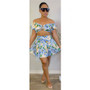 Floral Printed Ruffle Off Shoulder Short Sleeve Top + Pleated Skirt Two Piece Set