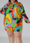 Spring Print Turndown Collar  Plus Size Shirt Shorts Casual Ladies Two Piece Set