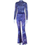 Women's Fashion Print Long Sleeve Top See-Through Bell Bottom Mesh Pants Fashion Two Piece Set