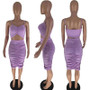 Women's Summer Solid Color Pleated Sexy Fashion Straps Tank Top Skirt Two-Piece Set