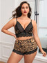 Plus Size Leopard Print Lace Trim Bra + Shorts Loungewear Lingerie Set