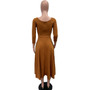 Ladies Spring Solid Color U-Neck Pocket Swing Dress