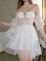 Women's dress V-neck strapless lace mini princess white bridesmaid dress