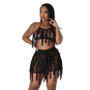 Sexy See-Through Knitting Crochet Fringe Beach two piece Short Set