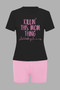 Ladies Summer Style Letter Print Casual Two-Piece T-Shirt Shorts Set