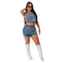 Women Summer Cutout Tie Top and Skirt Stretch Denim Two-Piece Set