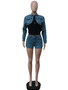 Women Casual Stretch Contrast Denim Top and Shorts Two-Piece Set