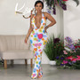 Women Summer Sexy Deep V Flower Print Halter Neck Jumpsuit