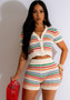 Summer Women's Sexy Knitting Contrast Color Short-Sleeved Casual Suit Two-Piece Shorts Set